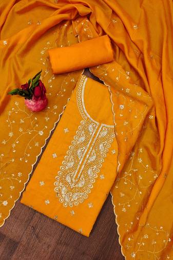 musturd cotton blend embroidered unstitched dressmaterials 3 pair top bottom dupptaa