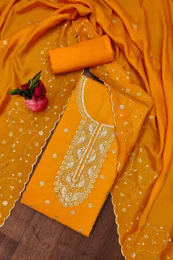 musturd cotton blend embroidered unstitched dressmaterials 3 pair top bottom dupptaa