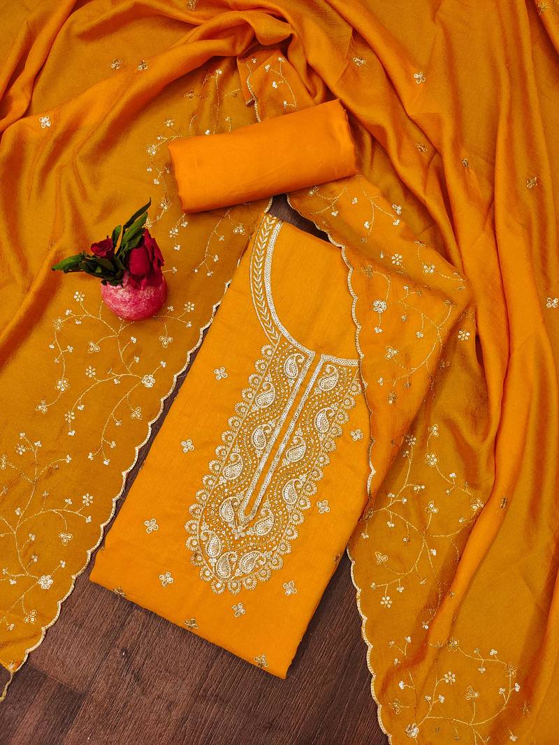 musturd cotton blend embroidered unstitched dressmaterials 3 pair top bottom dupptaa
