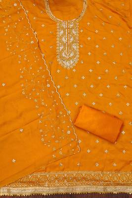 musturd cotton blend embroidered unstitched dressmaterials 3 pair top bottom dupptaa 3