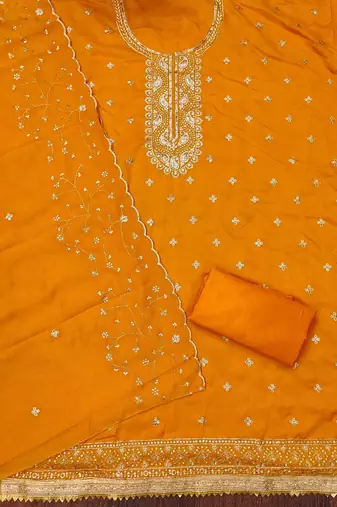 musturd cotton blend embroidered unstitched dressmaterials 3 pair top bottom dupptaa