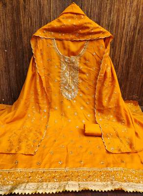 musturd cotton blend embroidered unstitched dressmaterials 3 pair top bottom dupptaa 4