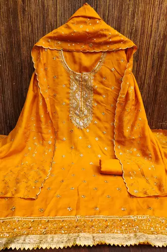 musturd cotton blend embroidered unstitched dressmaterials 3 pair top bottom dupptaa