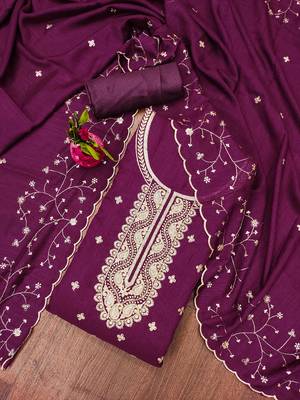 purple cotton blend embroidered unstitched dressmaterials 3 pair top bottom dupptaa 1