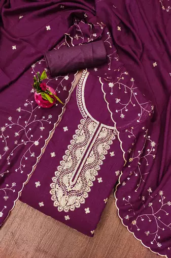 purple cotton blend embroidered unstitched dressmaterials 3 pair top bottom dupptaa