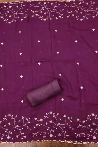 purple cotton blend embroidered unstitched dressmaterials 3 pair top bottom dupptaa