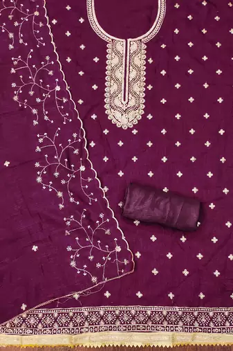 purple cotton blend embroidered unstitched dressmaterials 3 pair top bottom dupptaa