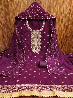 purple cotton blend embroidered unstitched dressmaterials 3 pair top bottom dupptaa 4