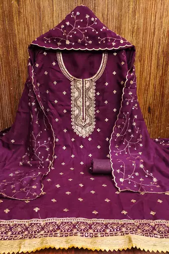 purple cotton blend embroidered unstitched dressmaterials 3 pair top bottom dupptaa