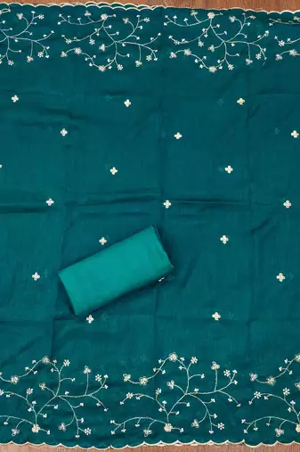 indigo cotton blend embroidered unstitched dressmaterials 3 pair top bottom dupptaa