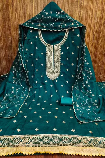 indigo cotton blend embroidered unstitched dressmaterials 3 pair top bottom dupptaa