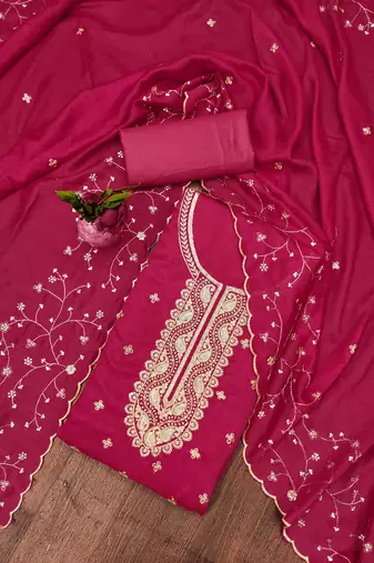 pink cotton blend embroidered unstitched dressmaterials 3 pair top bottom dupptaa