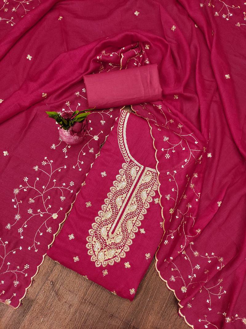 pink cotton blend embroidered unstitched dressmaterials 3 pair top bottom dupptaa