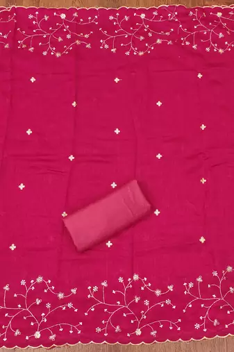 pink cotton blend embroidered unstitched dressmaterials 3 pair top bottom dupptaa