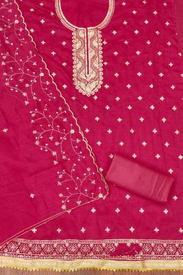 pink cotton blend embroidered unstitched dressmaterials 3 pair top bottom dupptaa 3