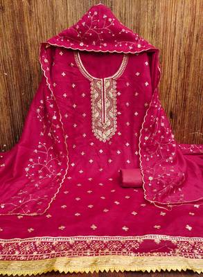 pink cotton blend embroidered unstitched dressmaterials 3 pair top bottom dupptaa 4