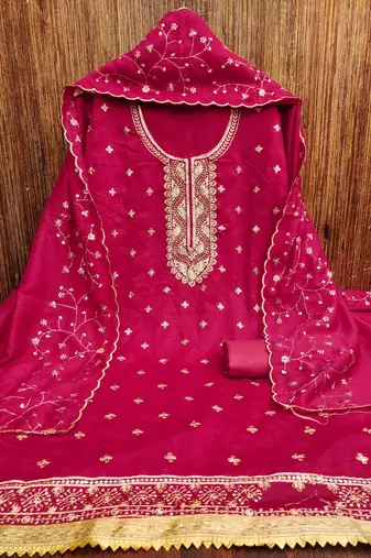 pink cotton blend embroidered unstitched dressmaterials 3 pair top bottom dupptaa