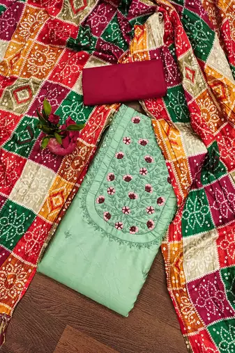 green silk blend embroidered unstitched dressmaterials 3 pair top bottom dupptaa