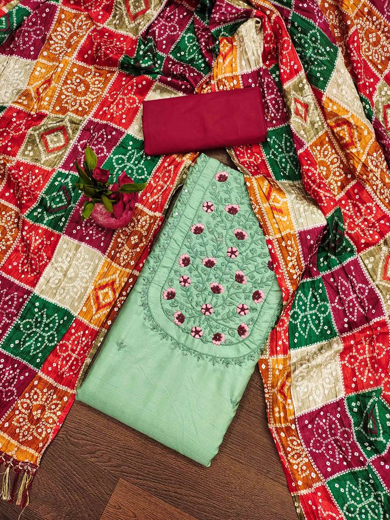 green silk blend embroidered unstitched dressmaterials 3 pair top bottom dupptaa