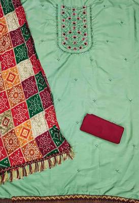 green silk blend embroidered unstitched dressmaterials 3 pair top bottom dupptaa 2