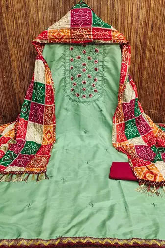 green silk blend embroidered unstitched dressmaterials 3 pair top bottom dupptaa