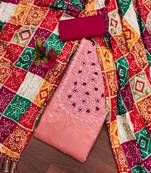 pink silk blend embroidered unstitched dressmaterials 3 pair top bottom dupptaa