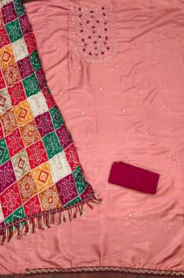pink silk blend embroidered unstitched dressmaterials 3 pair top bottom dupptaa 2