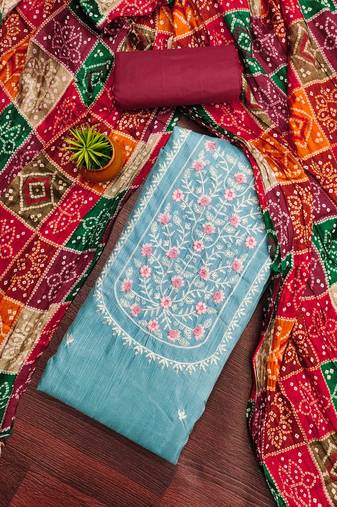 sky cotton blend embroidered unstitched dressmaterials 3 pair top bottom dupptaa