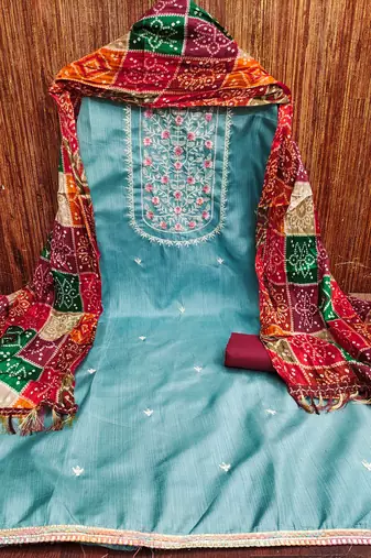sky cotton blend embroidered unstitched dressmaterials 3 pair top bottom dupptaa