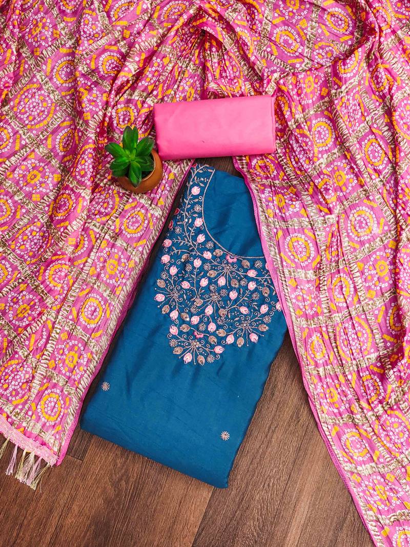 blue cotton blend embroidered unstitched dressmaterials 3 pair top bottom dupptaa