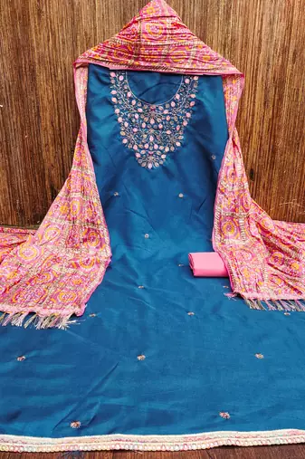 blue cotton blend embroidered unstitched dressmaterials 3 pair top bottom dupptaa