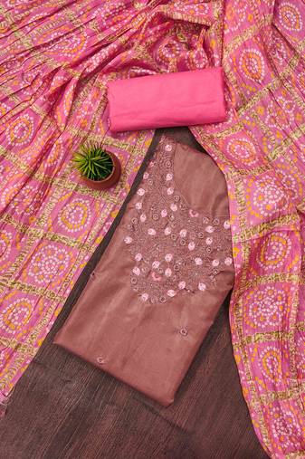 brown cotton blend embroidered unstitched dressmaterials 3 pair top bottom dupptaa