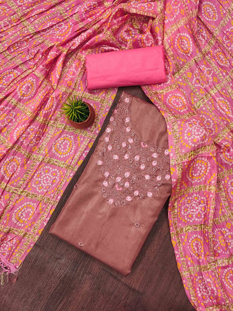 brown cotton blend embroidered unstitched dressmaterials 3 pair top bottom dupptaa