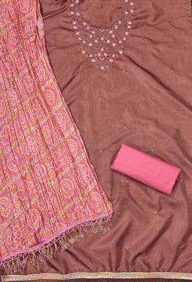 brown cotton blend embroidered unstitched dressmaterials 3 pair top bottom dupptaa 2