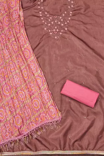 brown cotton blend embroidered unstitched dressmaterials 3 pair top bottom dupptaa