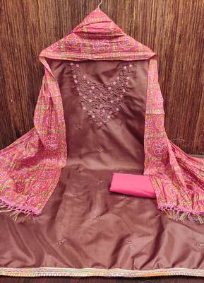 brown cotton blend embroidered unstitched dressmaterials 3 pair top bottom dupptaa 3