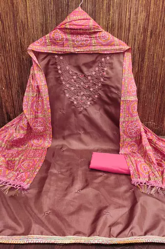 brown cotton blend embroidered unstitched dressmaterials 3 pair top bottom dupptaa