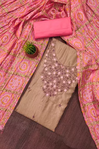 cream cotton blend embroidered unstitched dressmaterials 3 pair top bottom dupptaa