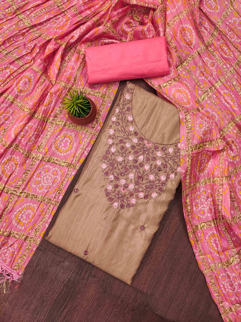 cream cotton blend embroidered unstitched dressmaterials 3 pair top bottom dupptaa