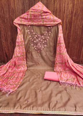 cream cotton blend embroidered unstitched dressmaterials 3 pair top bottom dupptaa 2