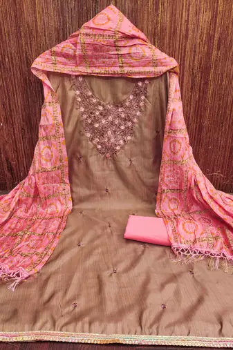 cream cotton blend embroidered unstitched dressmaterials 3 pair top bottom dupptaa