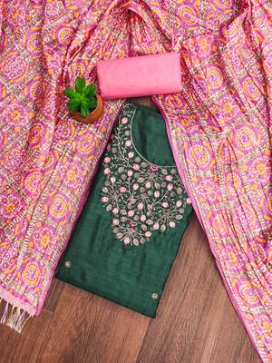 green cotton blend embroidered unstitched dressmaterials 3 pair top bottom dupptaa 1