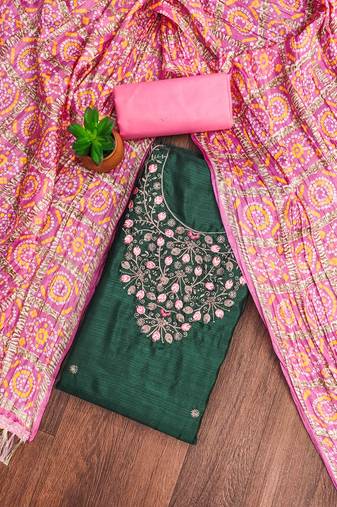 green cotton blend embroidered unstitched dressmaterials 3 pair top bottom dupptaa