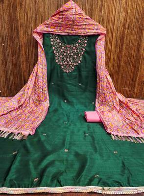 green cotton blend embroidered unstitched dressmaterials 3 pair top bottom dupptaa 3