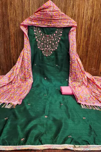 green cotton blend embroidered unstitched dressmaterials 3 pair top bottom dupptaa