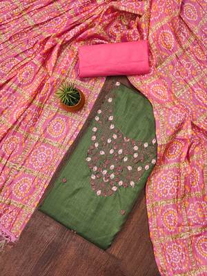sea green cotton blend embroidered unstitched dressmaterials 3 pair top bottom dupptaa 1