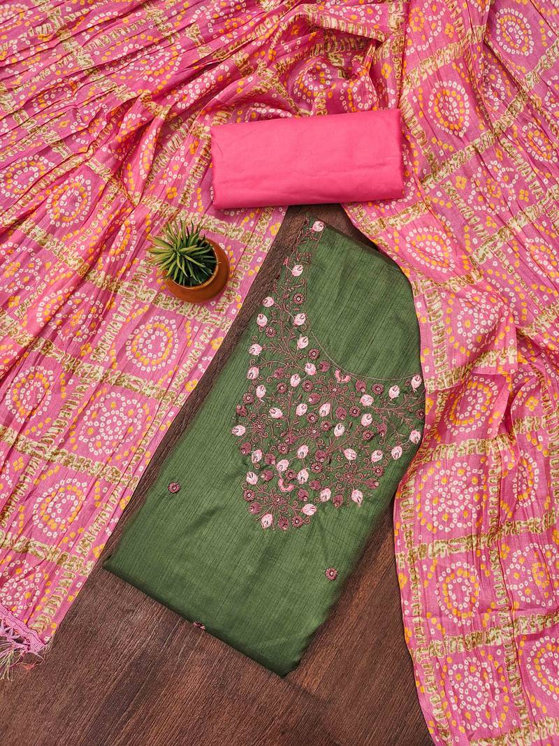 sea green cotton blend embroidered unstitched dressmaterials 3 pair top bottom dupptaa
