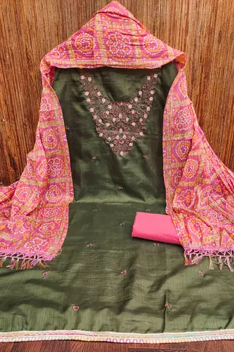 sea green cotton blend embroidered unstitched dressmaterials 3 pair top bottom dupptaa