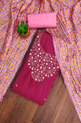 pink cotton blend embroidered unstitched dressmaterials 3 pair top bottom dupptaa