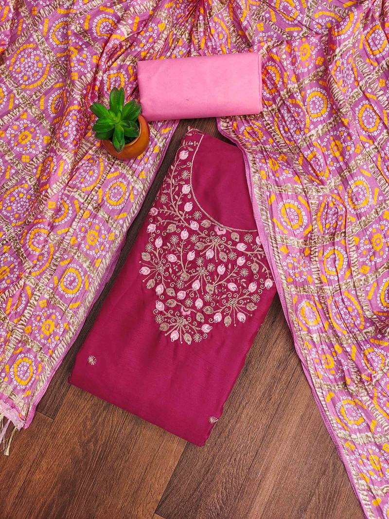 pink cotton blend embroidered unstitched dressmaterials 3 pair top bottom dupptaa
